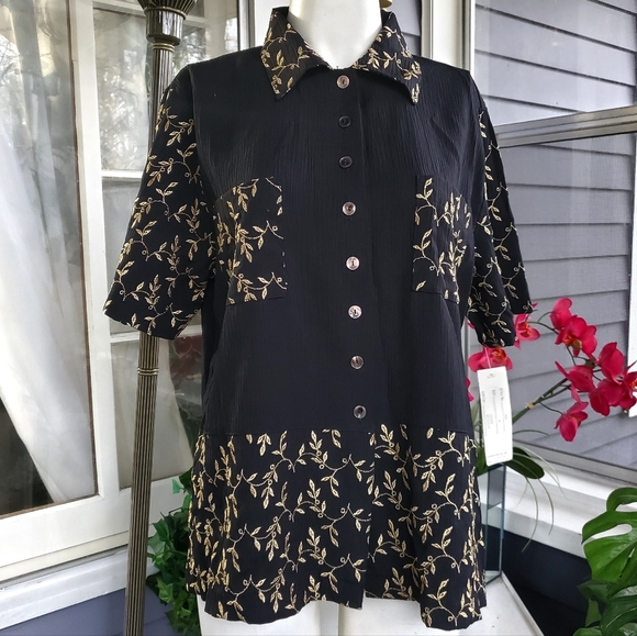 Vintage NWT Adolfo Sport Black Gold Embroidered Leaves Rayon Blend Blouse Top /M - Picture 4 of 9